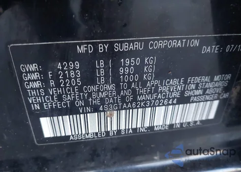 2019 Subaru Impreza 2.0I из США, поврежденный, VIN 4S3GTAA62K3702644